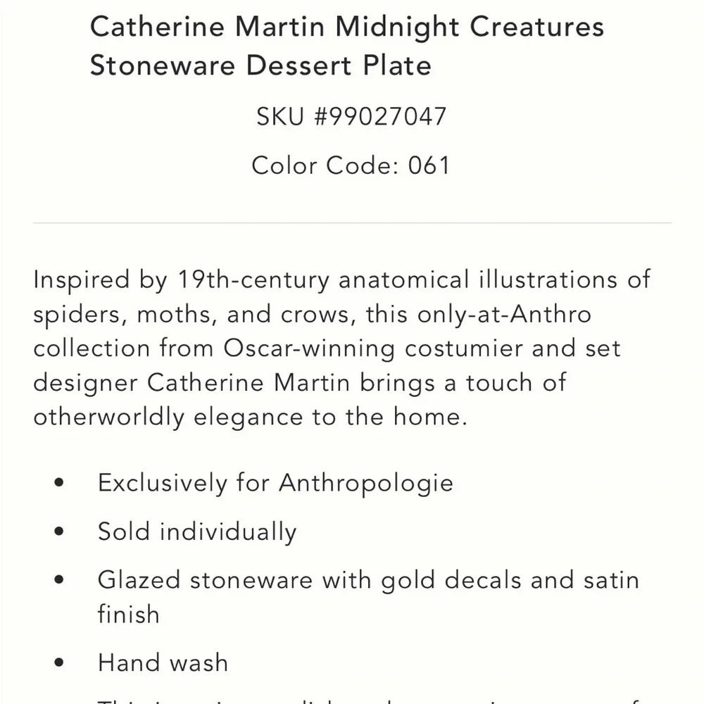 Catherine Martin midnight creatures stoneware dessert‎ plate SET OF 4